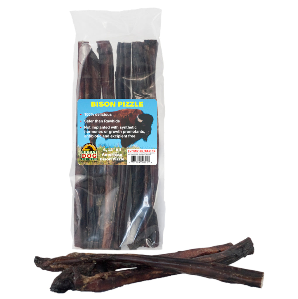 GREAT DOG Bison Pizzle (Bison Bully Sticks) - 6, 12 Inch Sticks - Sourced and Made in USA