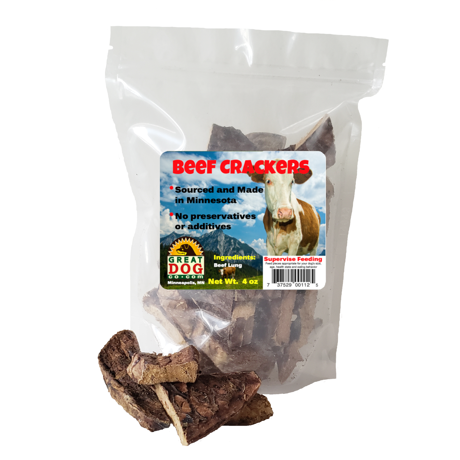 GREAT DOG Beef Crackers (Beef Lung) 4.0 oz Bag - Sourced and Made in USA