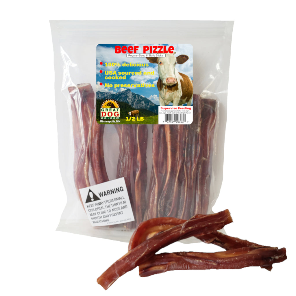 GREAT DOG Beef Pizzle - Regular Sized 6 inch Bully Sticks - 1/2 LB Bag - Sourced and Made in USA