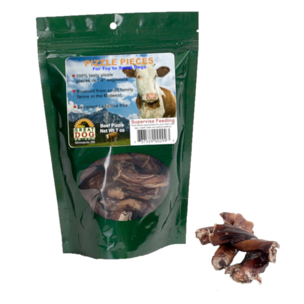 GREAT DOG Beef Pizzle Pieces (Beef Bully Stick Bites) - 7 oz Bag - Sourced and Made in USA