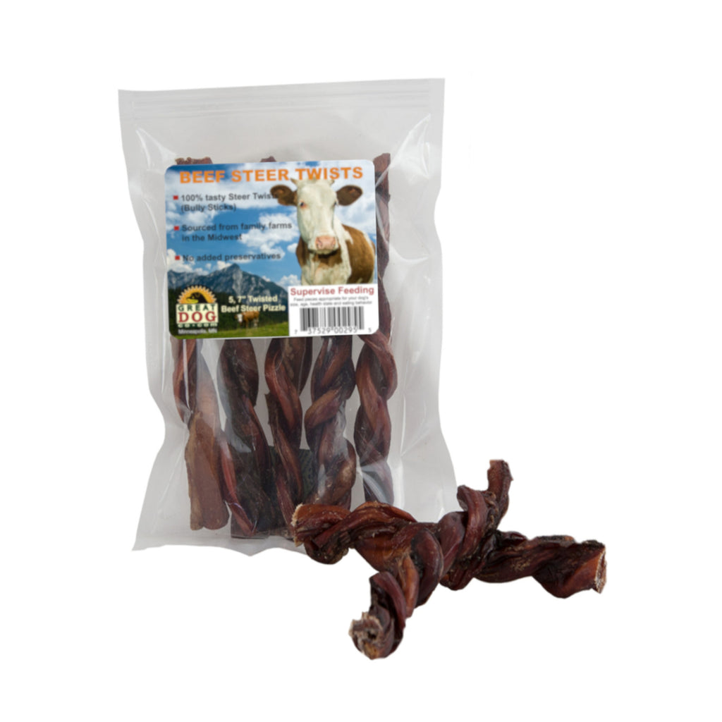 GREAT DOG Twisted Bully Sticks (Beef Steer Pizzle) 5, 7 Inch Twists- Sourced and Made in USA