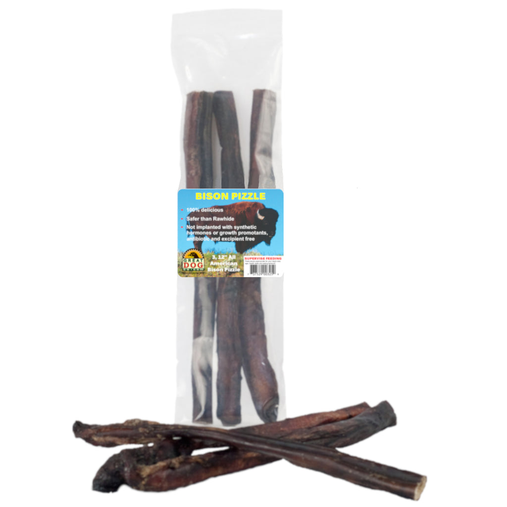 GREAT DOG Bison Pizzle (Bison Bully Sticks) - 3, 12 Inch Sticks - Sourced and Made in USA